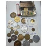 Lot of 25 Misc. Coins, Tokens, Stamps