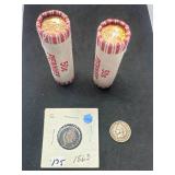 2 Indian Head Pennies & 2 Unopened Mint Rolls BU Lincoln Shield Pennies