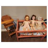 Vintage Dolls with Crib and High Chair