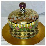 MacKenzie Childs Courtly Check Circus Glass Hand Painted Cake Dome with Wooden Charger