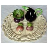 Fitz and Floyd 2 Cup Eggplant Pitcher, Radish Salt & Pepper Set, Small Turnip Vase 3.25" and Basket Weave Platter