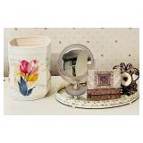 Lovely Lot of Bathroom Decor including Mirror, Decorative Waste Basket and More