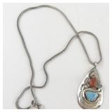 Effie Calavaza Zuni  Turquoise & Coral Snake Sterling Silver Pendant Necklace