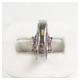 Lab Grown Pink Sapphire Emerald Cut With Butterfly Accents Sterling Silver Ring. Size 6.75 - 7.