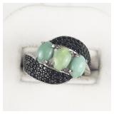 Jain Guarav Colored Treated Green Opal & Black Gemstone Sterling Silver Statement Ring . Size 6.75 - 7.