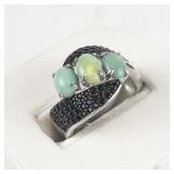 Jain Guarav Colored Treated Green Opal & Black Gemstone Sterling Silver Statement Ring . Size 6.75 - 7.