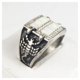 Scorpion Banded White Rainbow Stone Antiqued Silver Tone Base Metal Ring. Size 12.5 - 12.75.