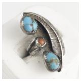 (Navajo) Turquoise & Coral Feather Sterling Silver Pinky Ring. Size 4 - 4.25.