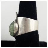 Mexico (Unknown) Tribal Carved Green Face Sterling Silver Wrap Ring. Size 8--9.