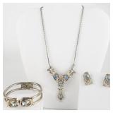 Blue Topaz & White Rhinestone Gold Tone Base Metal Hinged Cuff Bracelet, Necklace & Screw-Back Earrings Set. .