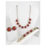 Red Gold Tone Base Metal Bracelet, Necklace, & Clip-On Earrings.