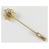 Amethyst Flower Gold Tone Base Metal Stick Pin With Clutch.