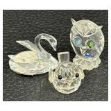 Three Crystal Animal Figurines including a Crystal Owl, Bird and Swan Figurine