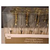 Lot of (1 Box) 9" Plastic Champagne Flutes 20-count ( 20 total items ) (Gold-Colored Stem)