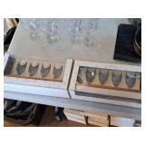 Lot of (2) Wine Tasting Sets - Glasses and Wooden Serving Tray 5-piece