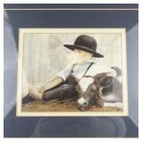 NANCY NOEL "Mid Morning" Young Amish Boy with Calf -Framed