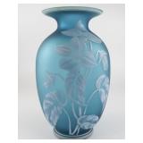 FENTON "The Avon Vase" 10" - Translucent Azure Blue Glass with Satin Finish Handpainted White Enamel Flowers, Butterfly (Made for Avon)