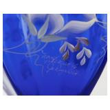 FENTON 9" November 13th, 1998. Cobalt Blue 75th Anniversary Celebration Vase. Handpainted by Jo. Reynold