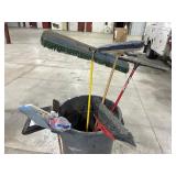 ROLLING GARBAGE TOTE W/ BROOMS & SQUEEGEE