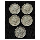 Five Mercury Silver Dimes (90%): 1927 / 1935 / 1936 / 1937 / 1943 - VFF