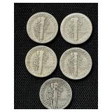 Five Mercury Silver Dimes (90%): 1927 / 1935 / 1936 / 1937 / 1943 - VFF