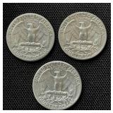 Three Washington Quarters (90% Silver): 1948-D (VFF) / 1964 (VFF) / 1962-D (AU)