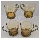 Vintage Set of Glass Mugs with Metal Holders