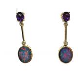 Pair of 14k Yellow Gold Opal and Amethyst Drop Earrings