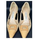 Manolo Blahnik Raffia and Tan Leather Pumps - Size 38