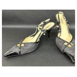 Prada Black Patent Leather and Fabric Slingback Heels - Size 38