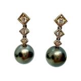 14K Solid White Gold Tahitian Black Pearl Earrings