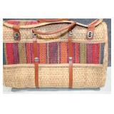 Vintage Woven Straw Handbag with Colorful Accents and Leather Straps