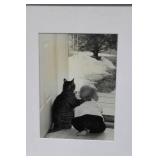 Framed Black and White Photograph of Child and Cat at Window