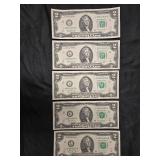 Lot of 5 Sequential $2 Bills Series 2017 A  - Uncirculated