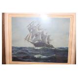 Vintage Framed Nautical Lithograph of Sailing Ship