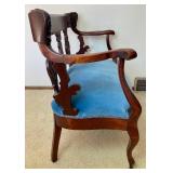 Antique Hand Carved Settee with Blue Velvet Cushion