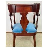 Antique Hand Carved Pair of Chairs With Blue Velvet Cushions