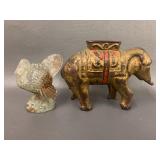 Vintage Cast Iron Elephant & Bird Figurines Set Antique