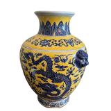 Blue and Yellow Asian Dragon Design Ceramic Vase