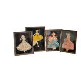 Four Framed Vintage Hand Crafted Ribbon and Paper Dolls