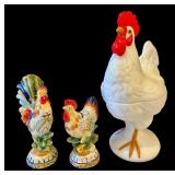 Decorative Rooster Figurines including a Pair of Fitz and Floyd Rooster Figurines