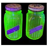 Pair of Vintage Uranium Glass Salt and Pepper Shakers / Pair of Vaseline Glass Salt and Pepper Shakers