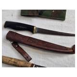 Collection of Assorted Fishing Knives with Sheaths, Gutting Knife and More