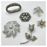 Vintage Jewelry including Rhinestone Bracelet and 5 Brooches