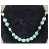 Vintage Chinese Green Marble Peking Glass & Silver Necklace