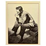 MCM Original Scribble INK DRAWING " Thinking Man" by Yugoslavia Artist Louis Schetterlein Framed