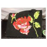 Vintage Needlepoint Bag with Rose Design and Beaded Handles