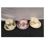 Set of 3 Vintage Tea Cups and Saucers with Floral Designs