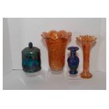 Set of Four Stunning Carnival Glass Pieces – Blue & Marigold