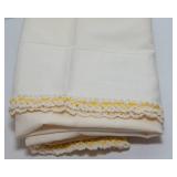 Set of Four Vintage Cotton Pillowcases with Yellow Embroidered Edging - High Quality Cotton